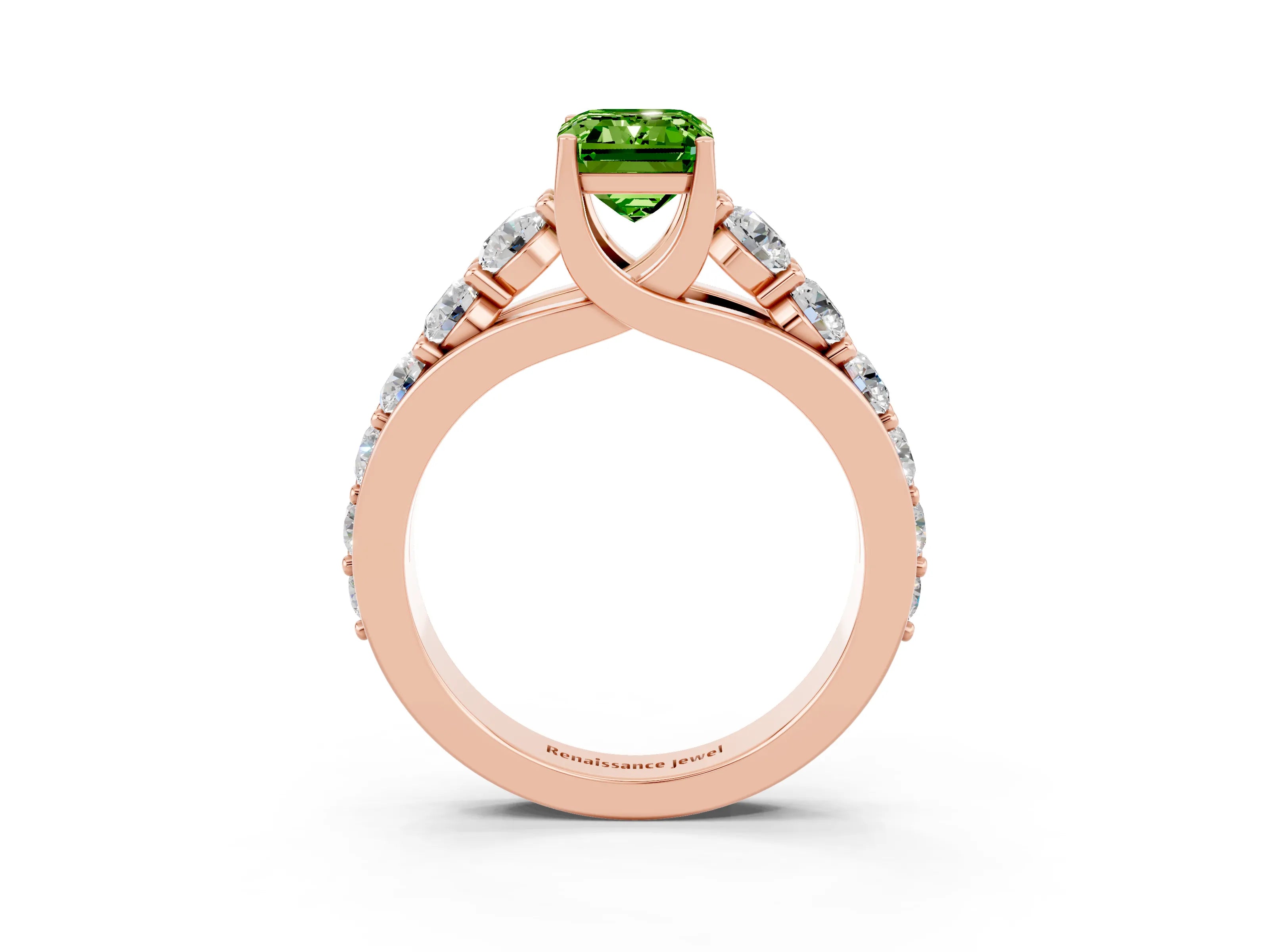 Rose gold Emerald Cut Peridot Engagement Ring with Pavé Band and Four-Prong Setting_3