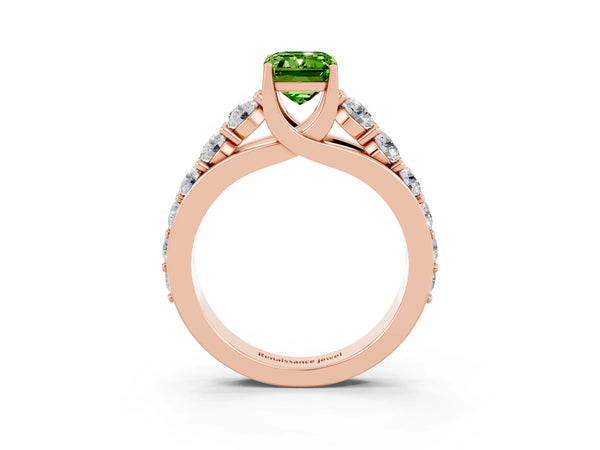 Rose gold Emerald Cut Peridot Engagement Ring with Pavé Band and Four-Prong Setting