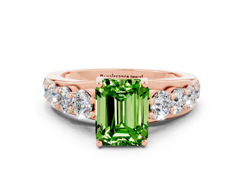 Rose gold Emerald Cut Peridot Engagement Ring with Pavé Band and Four-Prong Setting