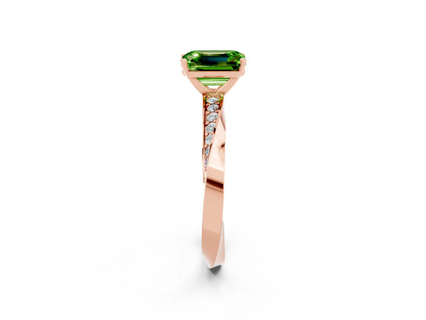 Rose gold Emerald Cut Peridot Engagement Ring with Side Stone Accents and Four-Prong Setting