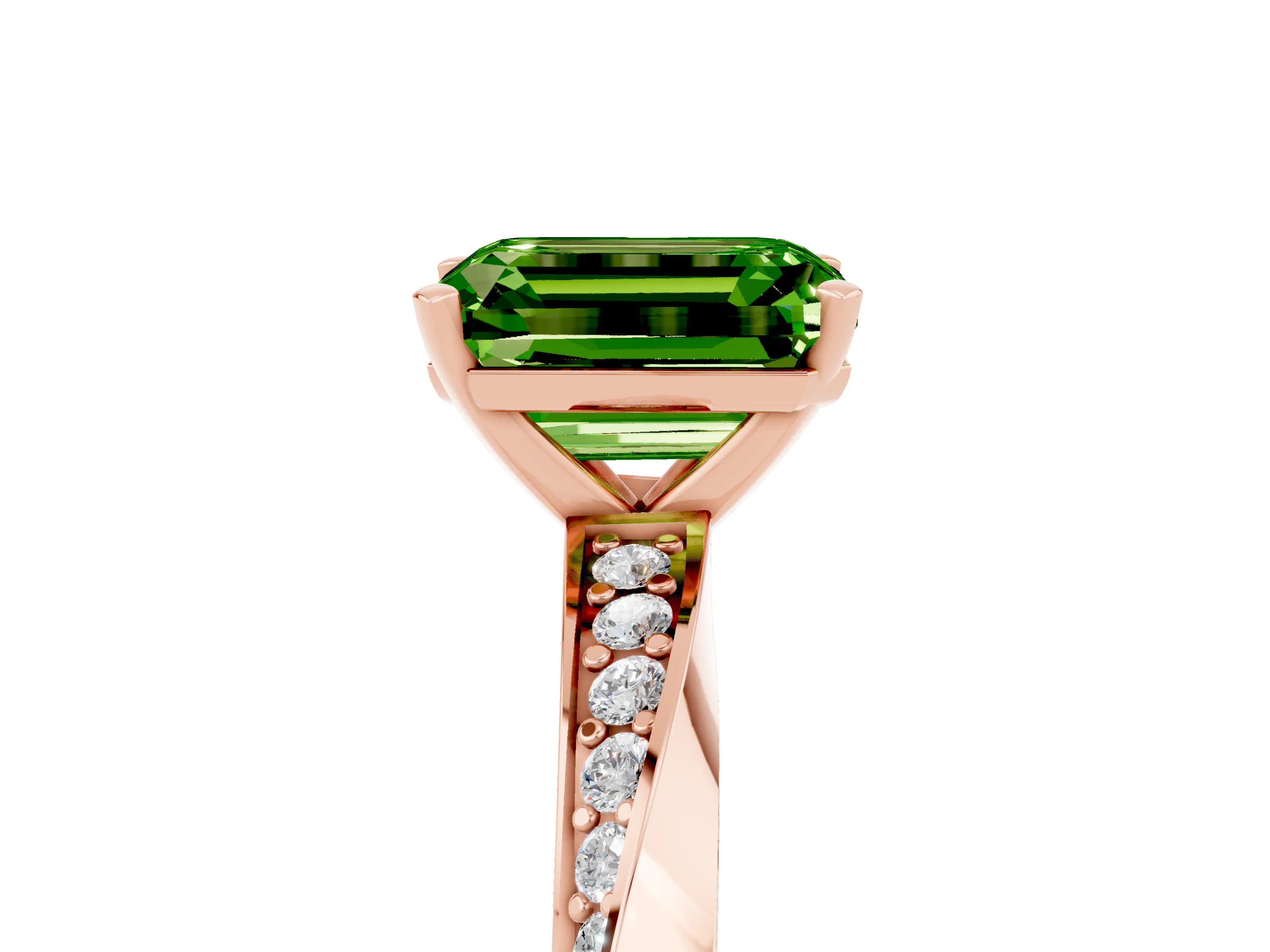 Rose gold Emerald Cut Peridot Engagement Ring with Side Stone Accents and Four-Prong Setting_32