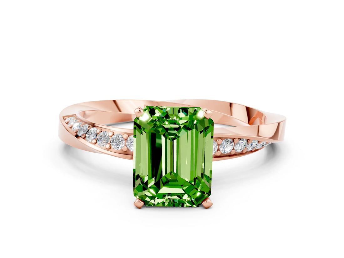 Rose gold Emerald Cut Peridot Engagement Ring with Side Stone Accents and Four-Prong Setting_60