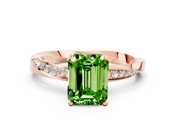 Rose gold Emerald Cut Peridot Engagement Ring with Side Stone Accents and Four-Prong Setting