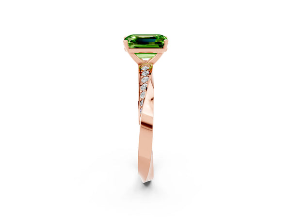 Rose gold Emerald Cut Peridot Engagement Ring with Side Stone Accents and Four-Prong Setting