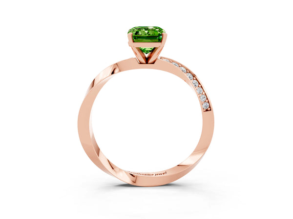 Rose gold Emerald Cut Peridot Engagement Ring with Side Stone Accents and Four-Prong Setting