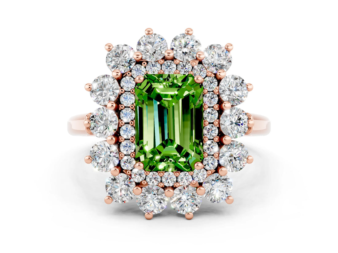 Rose gold Emerald Cut Peridot Floral Double Halo Engagement Ring with Prong Setting_60