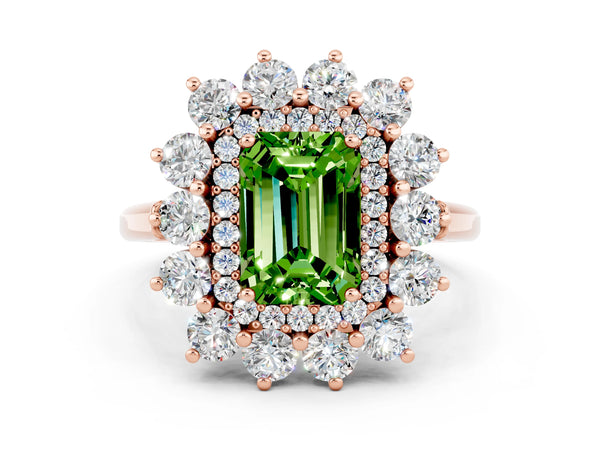 Rose gold Emerald Cut Peridot Floral Double Halo Engagement Ring with Prong Setting
