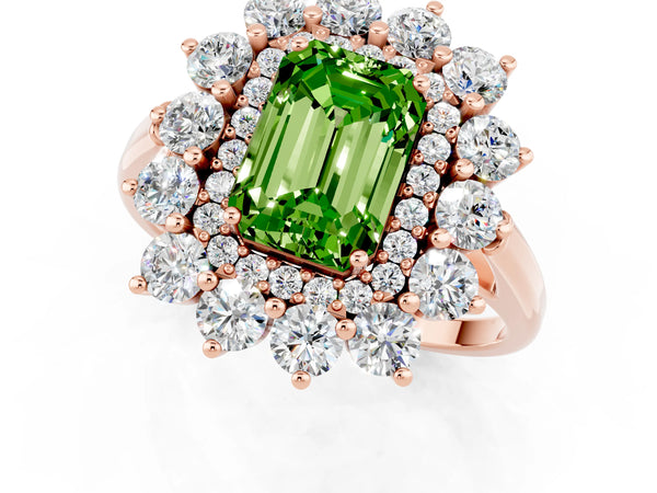 Rose gold Emerald Cut Peridot Floral Double Halo Engagement Ring with Prong Setting