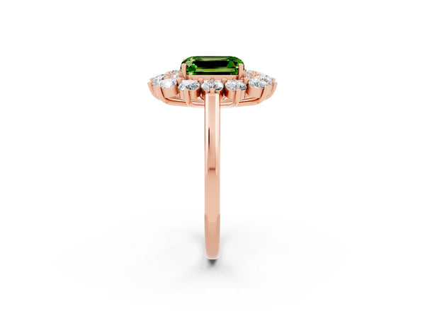 Rose gold Emerald Cut Peridot Floral Double Halo Engagement Ring with Prong Setting
