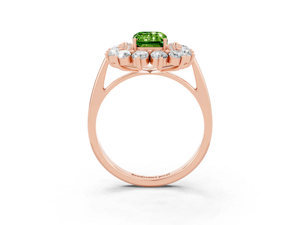 Rose gold Emerald Cut Peridot Floral Double Halo Engagement Ring with Prong Setting