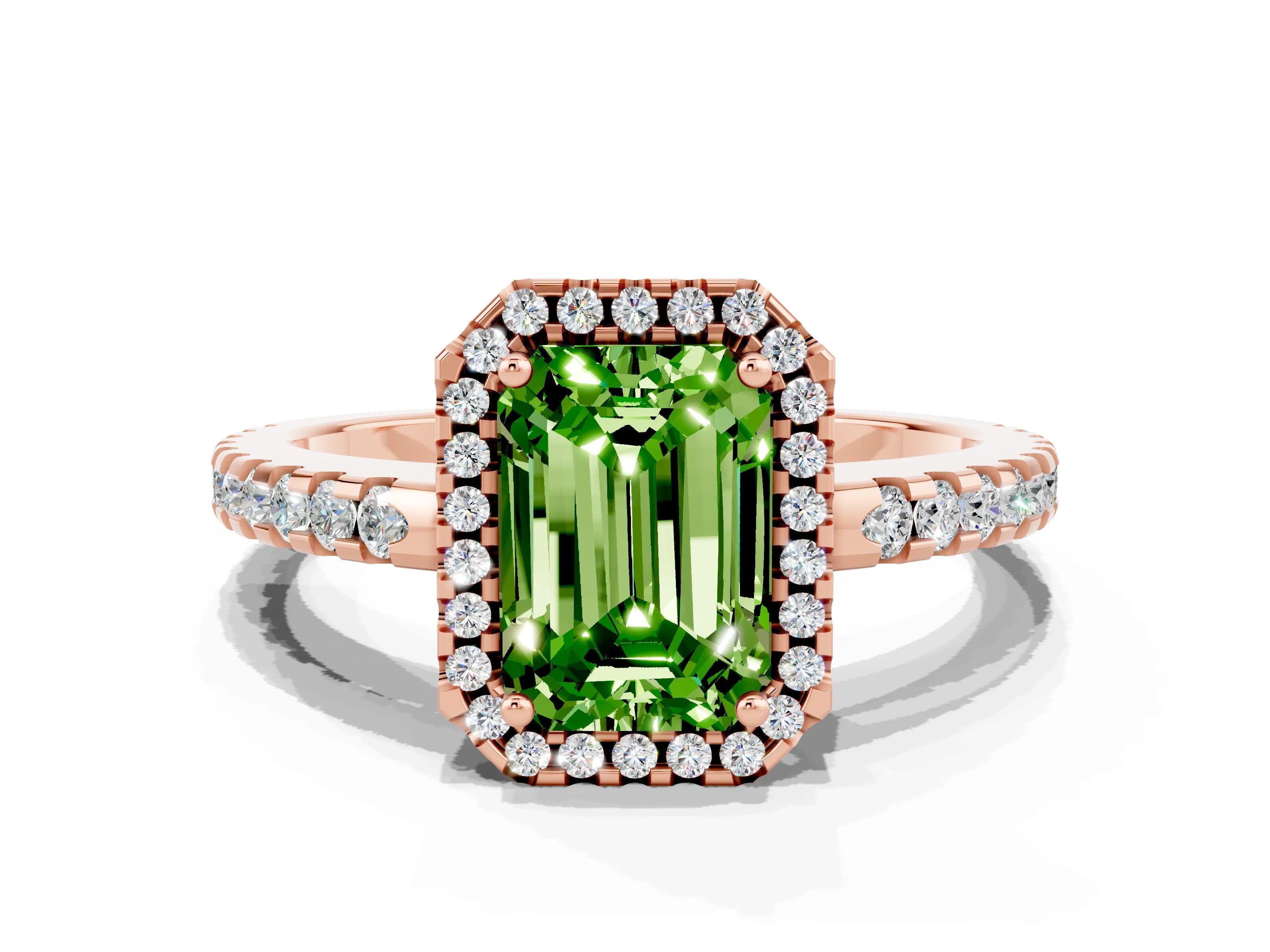 Rose gold Emerald Cut Peridot Halo Engagement Ring with Pavé Band and Prong Setting_12