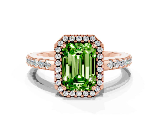 Rose gold Emerald Cut Peridot Halo Engagement Ring with Pavé Band and Prong Setting