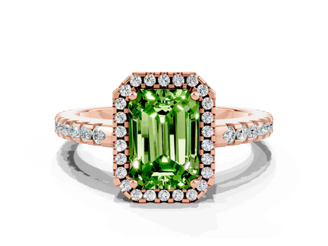 Rose gold Emerald Cut Peridot Halo Engagement Ring with Pavé Band and Prong Setting_12