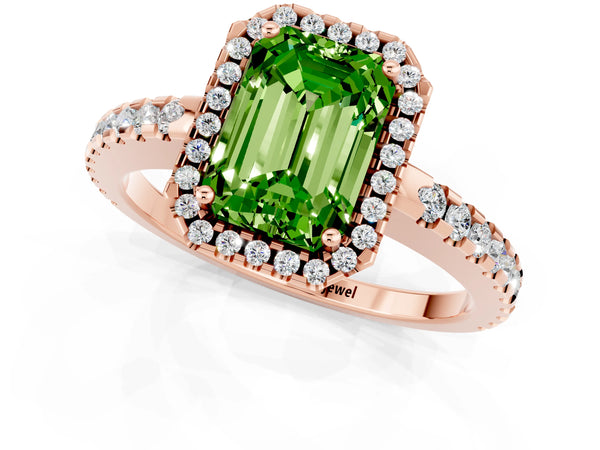 Rose gold Emerald Cut Peridot Halo Engagement Ring with Pavé Band and Prong Setting