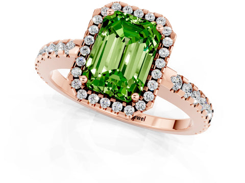 Rose gold Emerald Cut Peridot Halo Engagement Ring with Pavé Band and Prong Setting_13