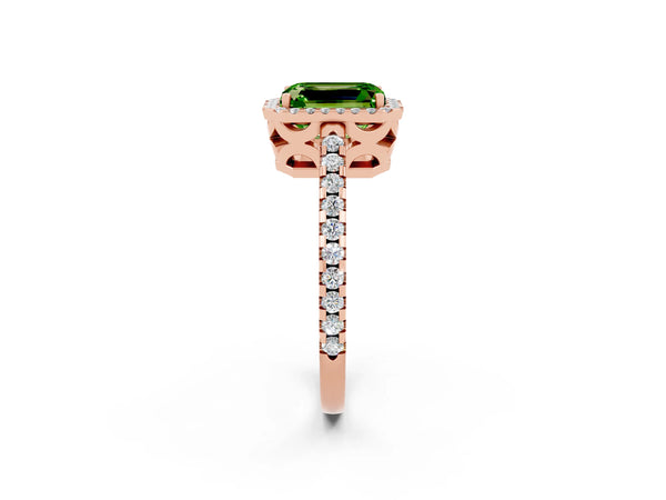 Rose gold Emerald Cut Peridot Halo Engagement Ring with Pavé Band and Prong Setting