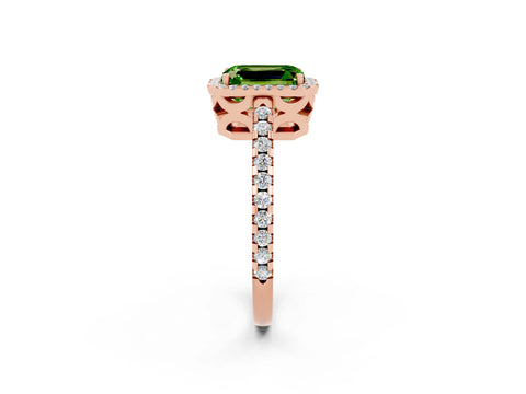 Rose gold Emerald Cut Peridot Halo Engagement Ring with Pavé Band and Prong Setting_14