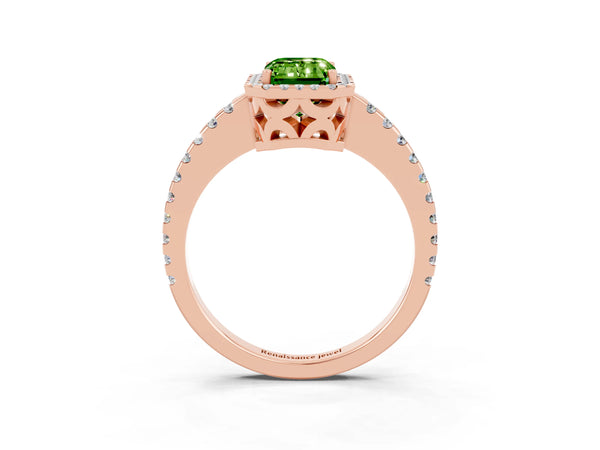 Rose gold Emerald Cut Peridot Halo Engagement Ring with Pavé Band and Prong Setting