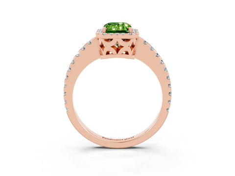 Rose gold Emerald Cut Peridot Halo Engagement Ring with Pavé Band and Prong Setting_15