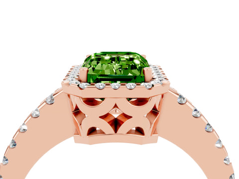 Rose gold Emerald Cut Peridot Halo Engagement Ring with Pavé Band and Prong Setting_16
