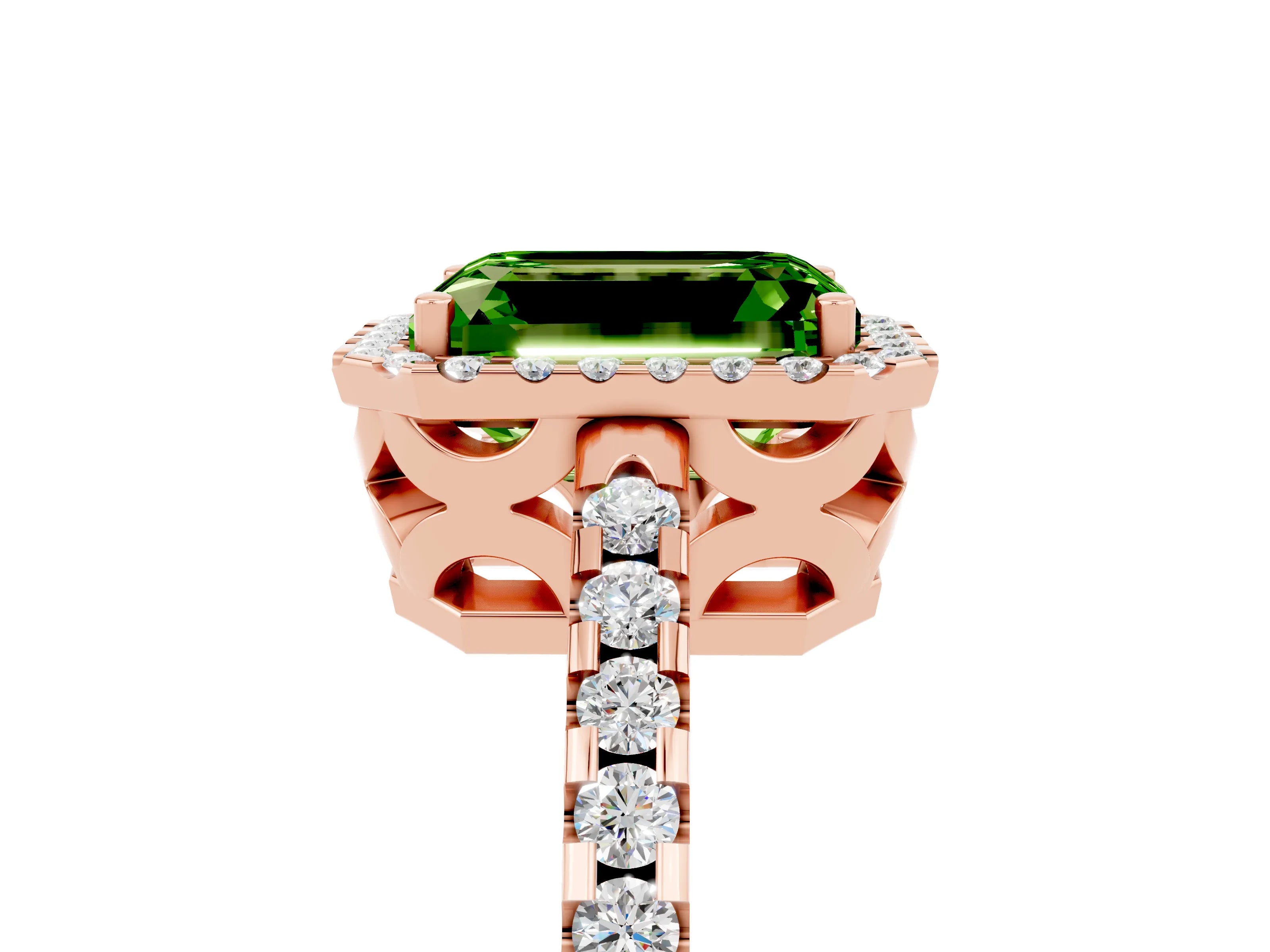 Rose gold Emerald Cut Peridot Halo Engagement Ring with Pavé Band and Prong Setting_17