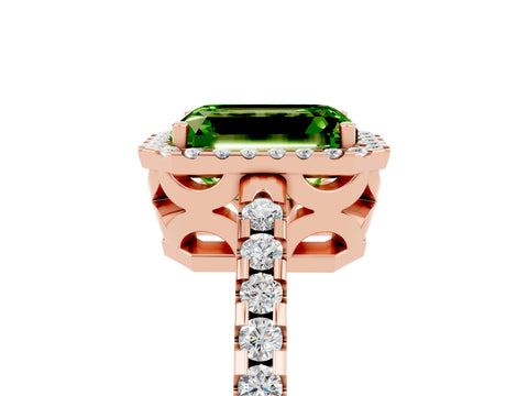 Rose gold Emerald Cut Peridot Halo Engagement Ring with Pavé Band and Prong Setting_17