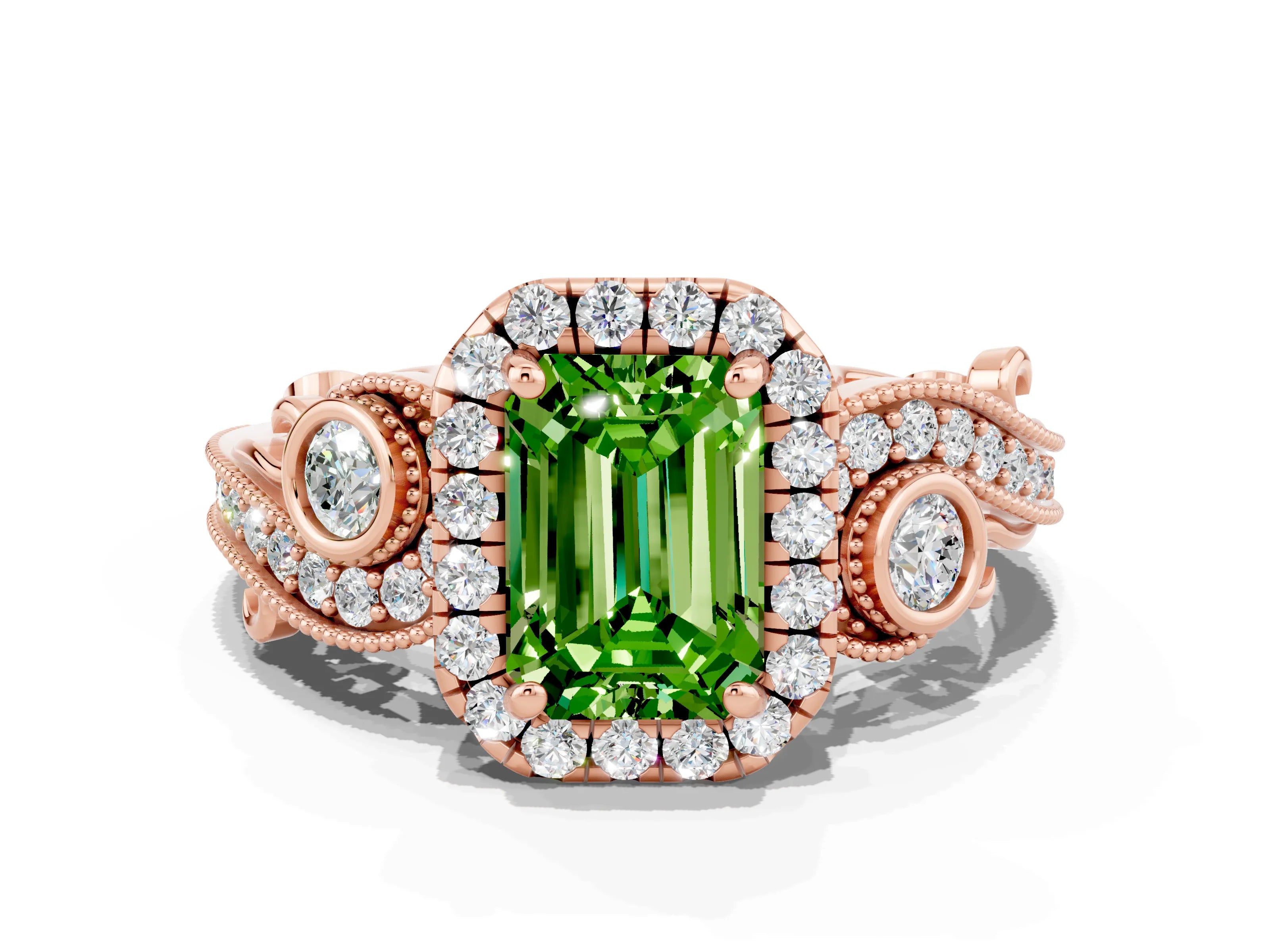 Rose gold Emerald Cut Peridot Halo Ring with Milgrain Pavé Band and Four-Prong Setting_12