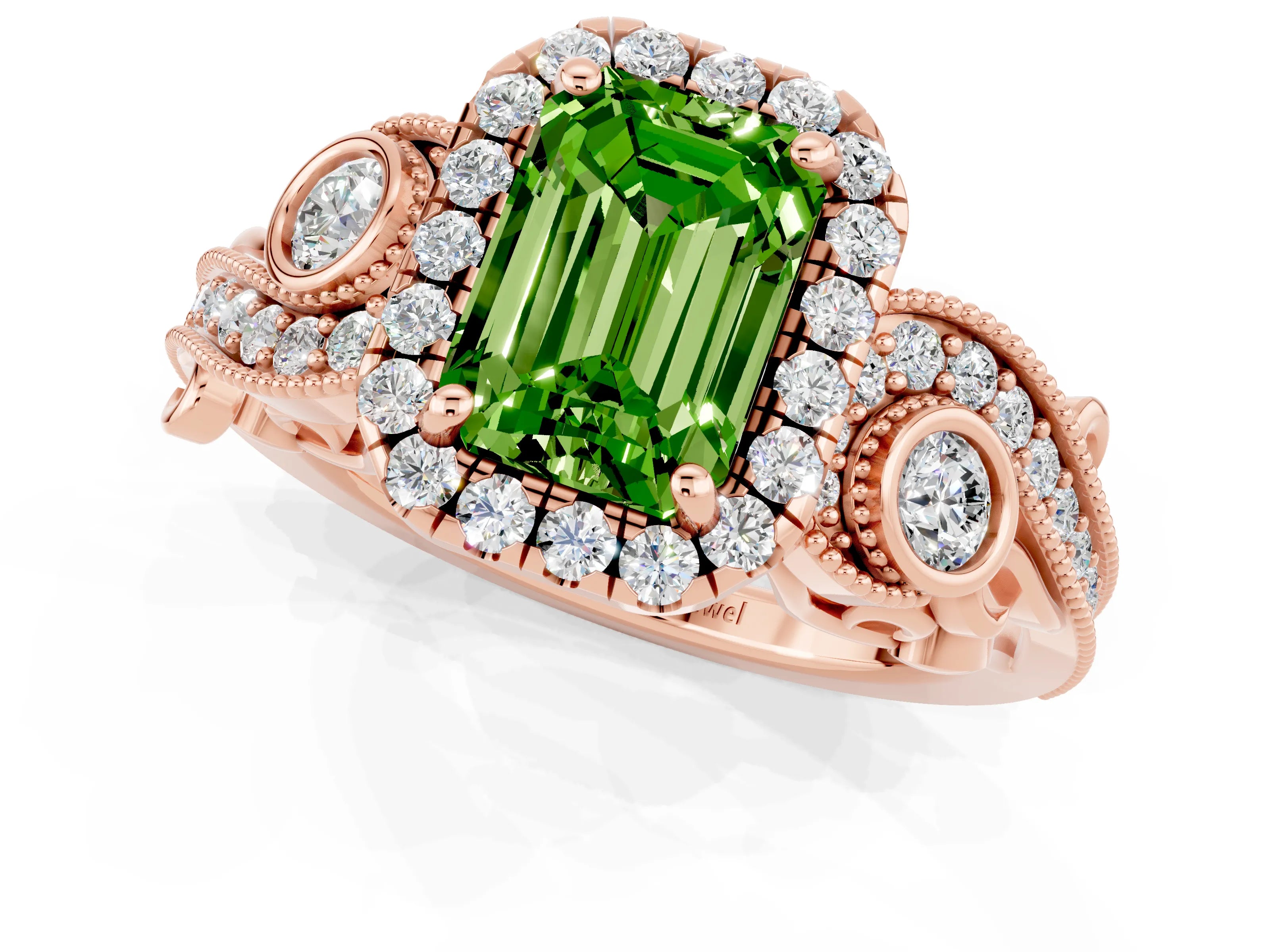 Rose gold Emerald Cut Peridot Halo Ring with Milgrain Pavé Band and Four-Prong Setting_13