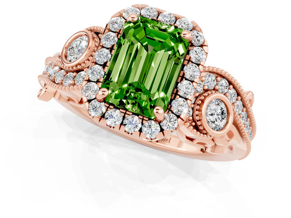 Rose gold Emerald Cut Peridot Halo Ring with Milgrain Pavé Band and Four-Prong Setting