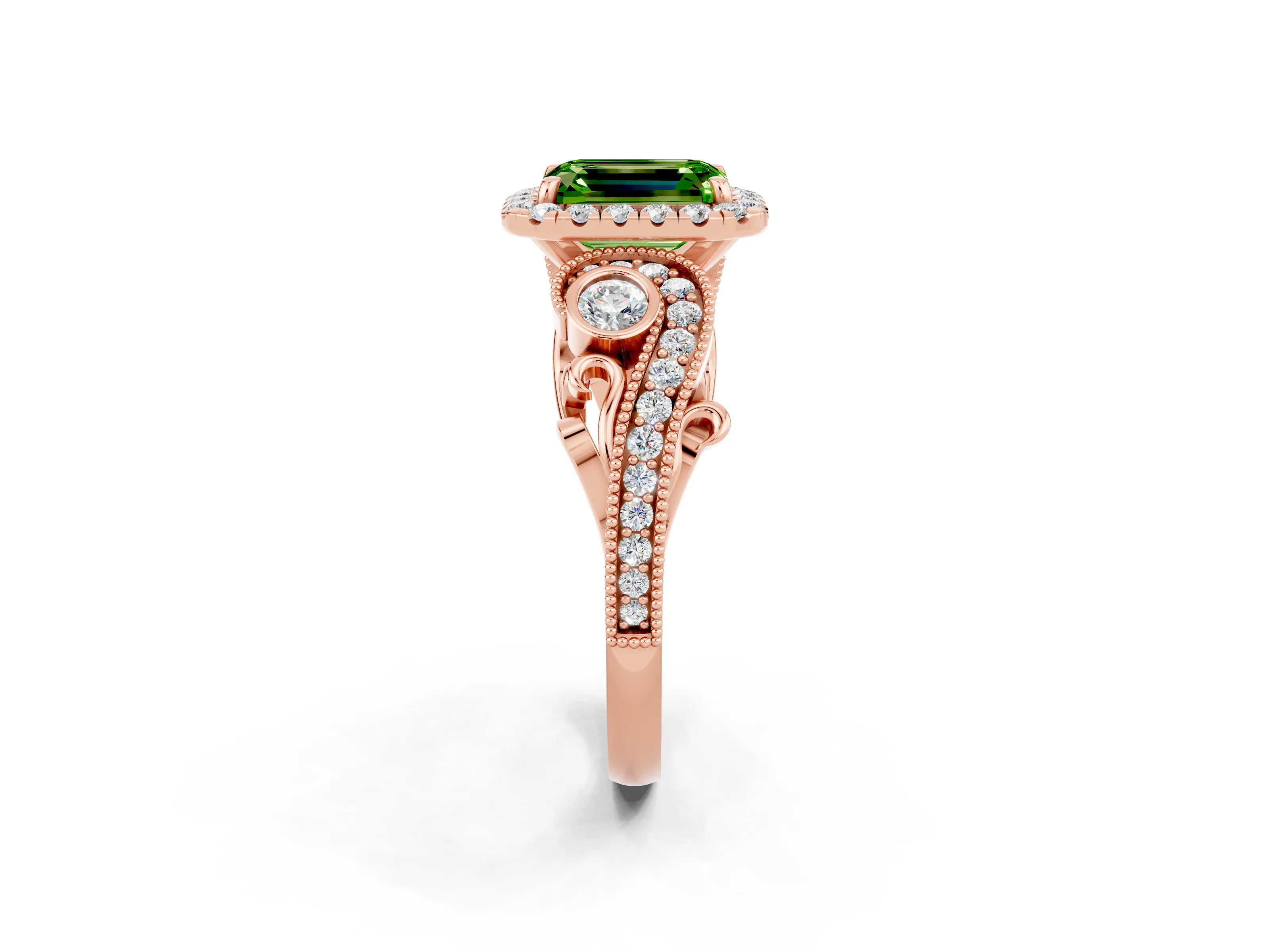 Rose gold Emerald Cut Peridot Halo Ring with Milgrain Pavé Band and Four-Prong Setting_14