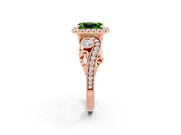 Rose gold Emerald Cut Peridot Halo Ring with Milgrain Pavé Band and Four-Prong Setting