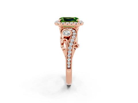 Rose gold Emerald Cut Peridot Halo Ring with Milgrain Pavé Band and Four-Prong Setting_14
