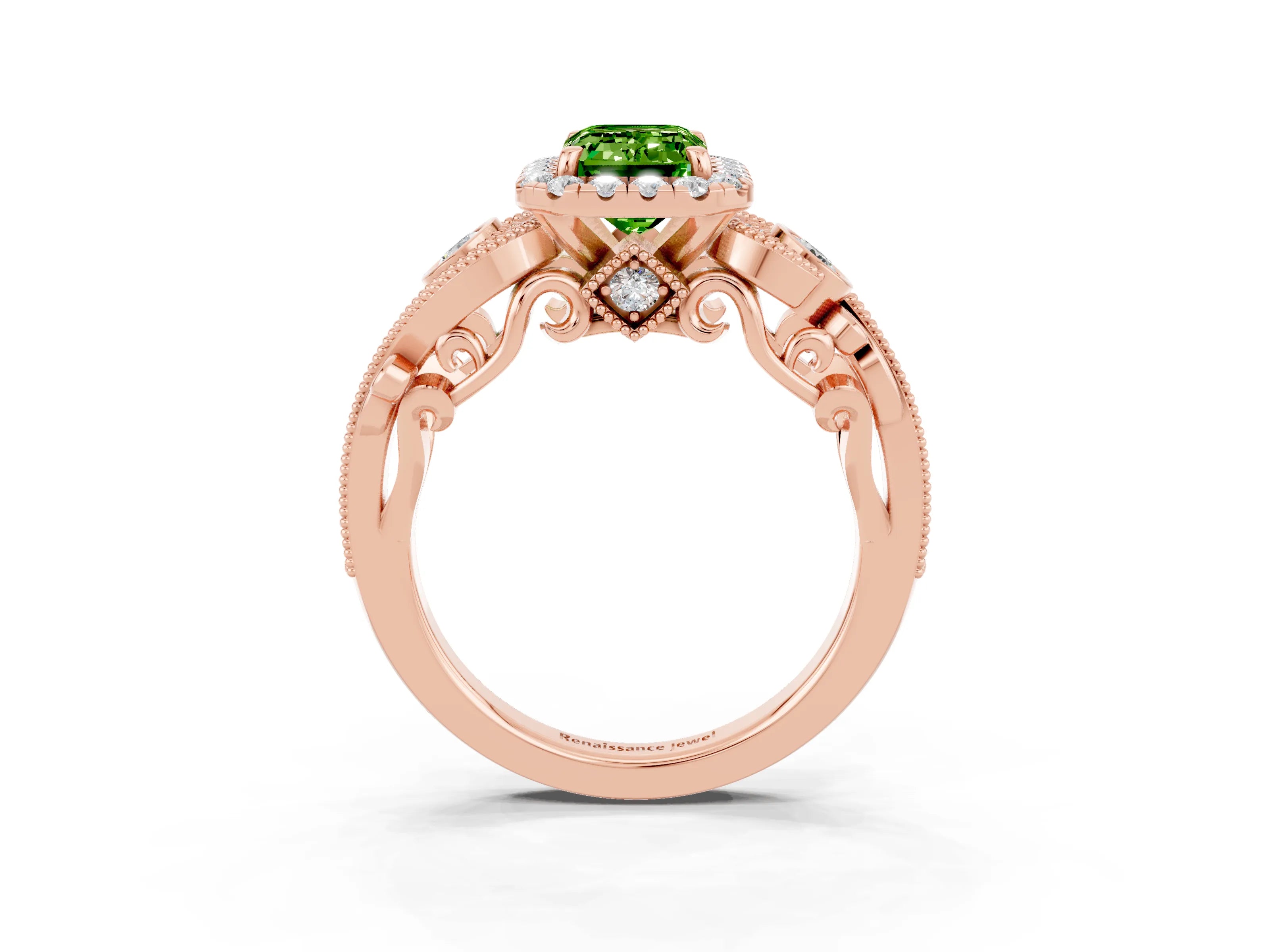 Rose gold Emerald Cut Peridot Halo Ring with Milgrain Pavé Band and Four-Prong Setting_15