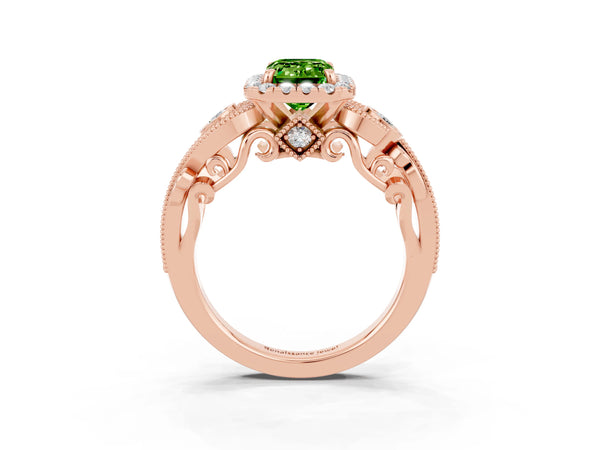 Rose gold Emerald Cut Peridot Halo Ring with Milgrain Pavé Band and Four-Prong Setting