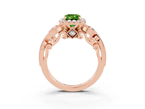 Rose gold Emerald Cut Peridot Halo Ring with Milgrain Pavé Band and Four-Prong Setting_15