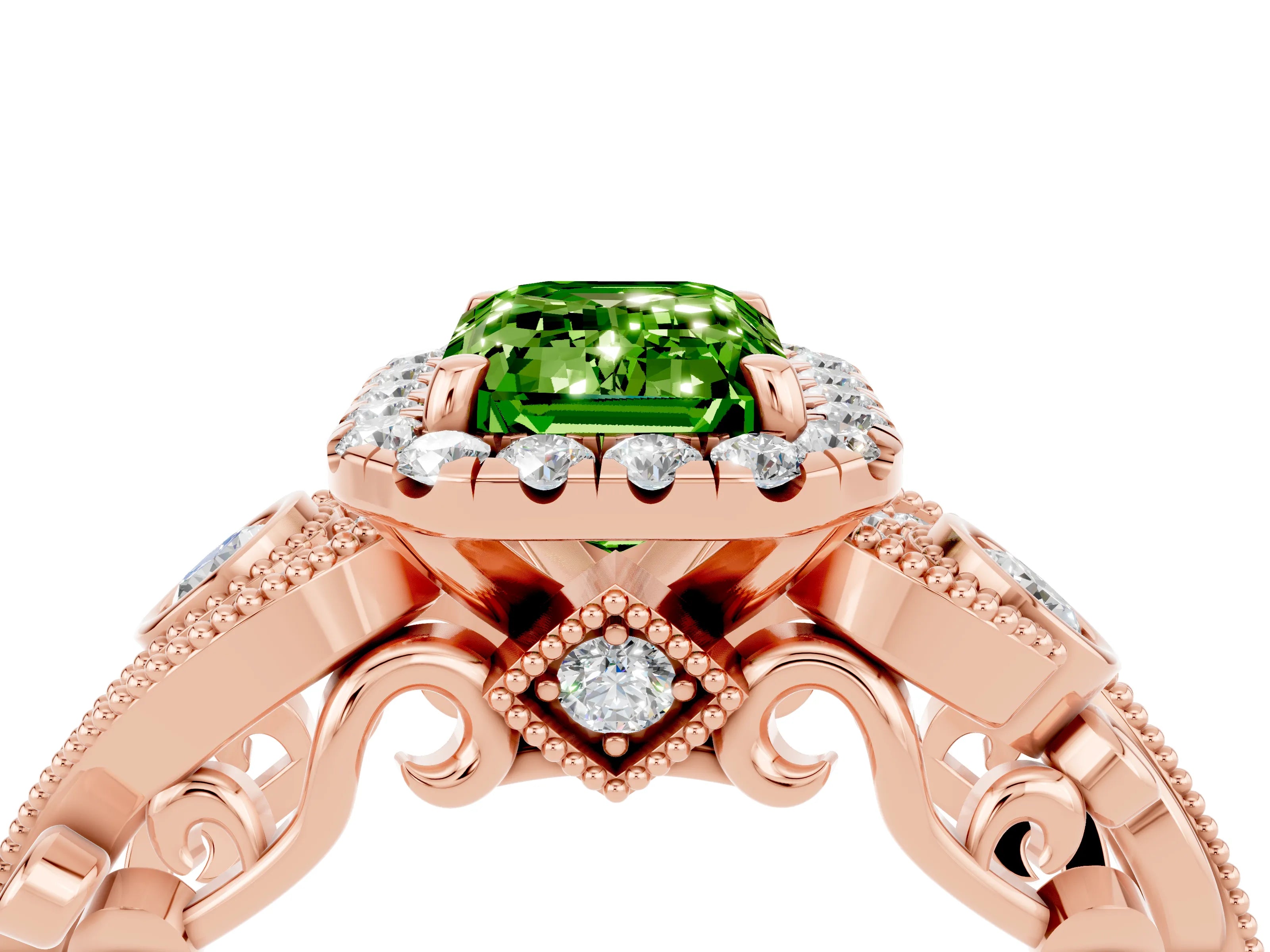 Rose gold Emerald Cut Peridot Halo Ring with Milgrain Pavé Band and Four-Prong Setting_16
