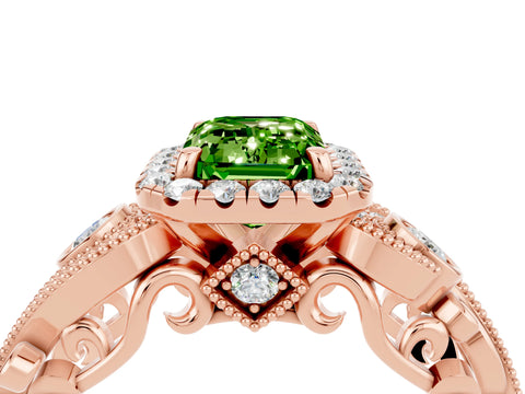Rose gold Emerald Cut Peridot Halo Ring with Milgrain Pavé Band and Four-Prong Setting_16