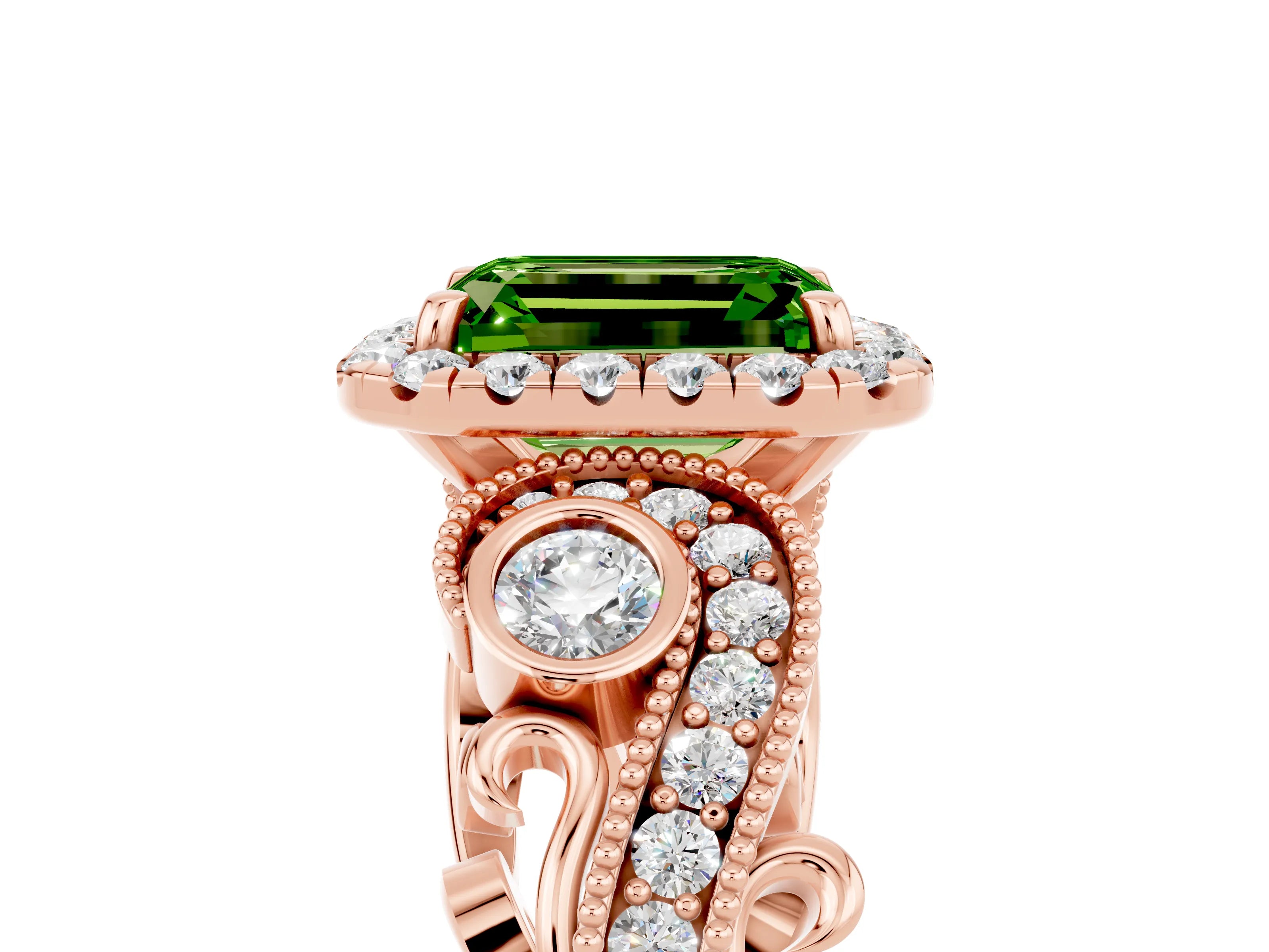 Rose gold Emerald Cut Peridot Halo Ring with Milgrain Pavé Band and Four-Prong Setting_17