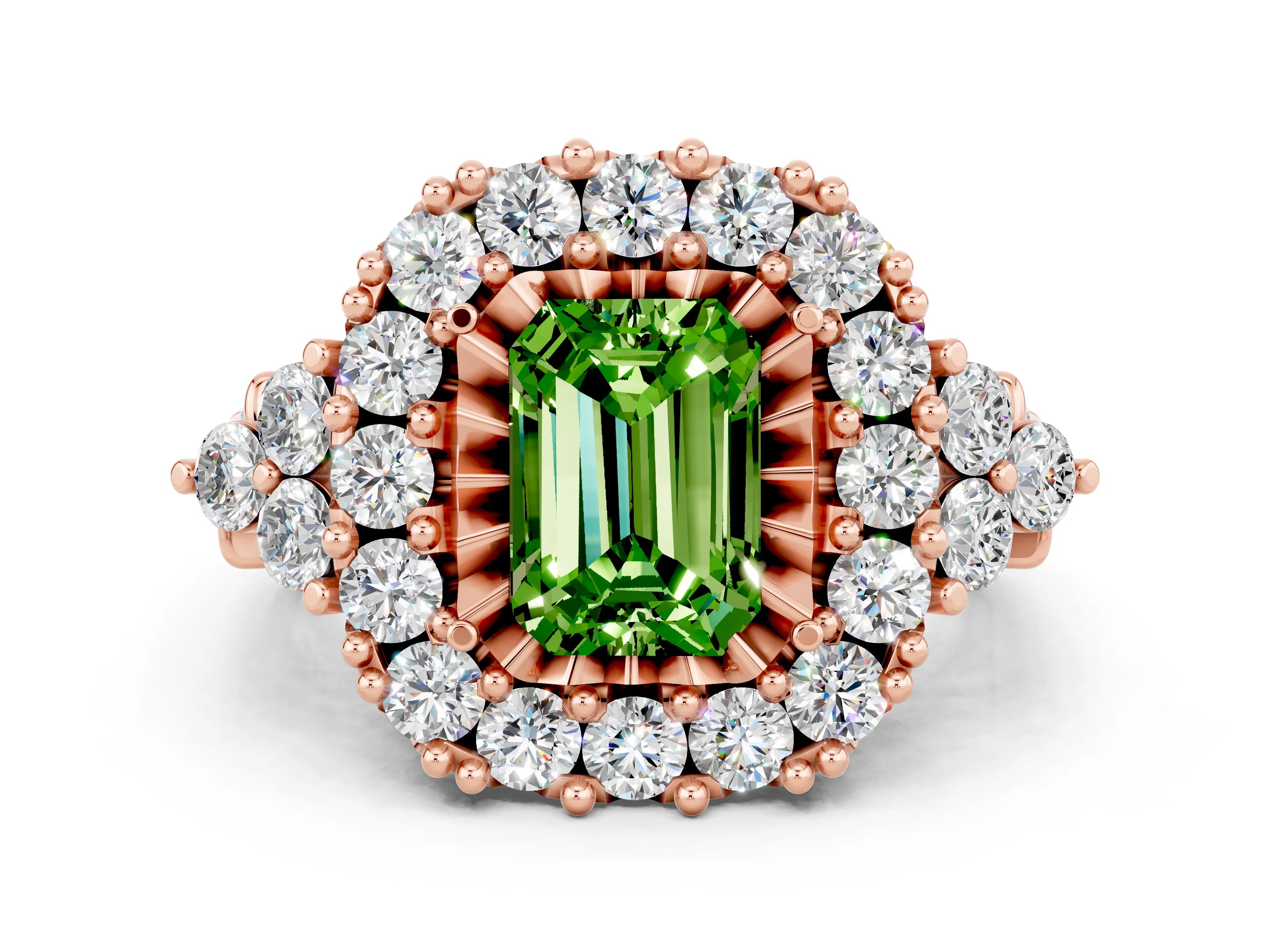 Rose gold Emerald Cut Peridot Halo Ring with Pavé Band and Four-Prong Setting_12
