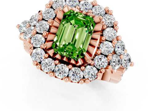Rose gold Emerald Cut Peridot Halo Ring with Pavé Band and Four-Prong Setting_13