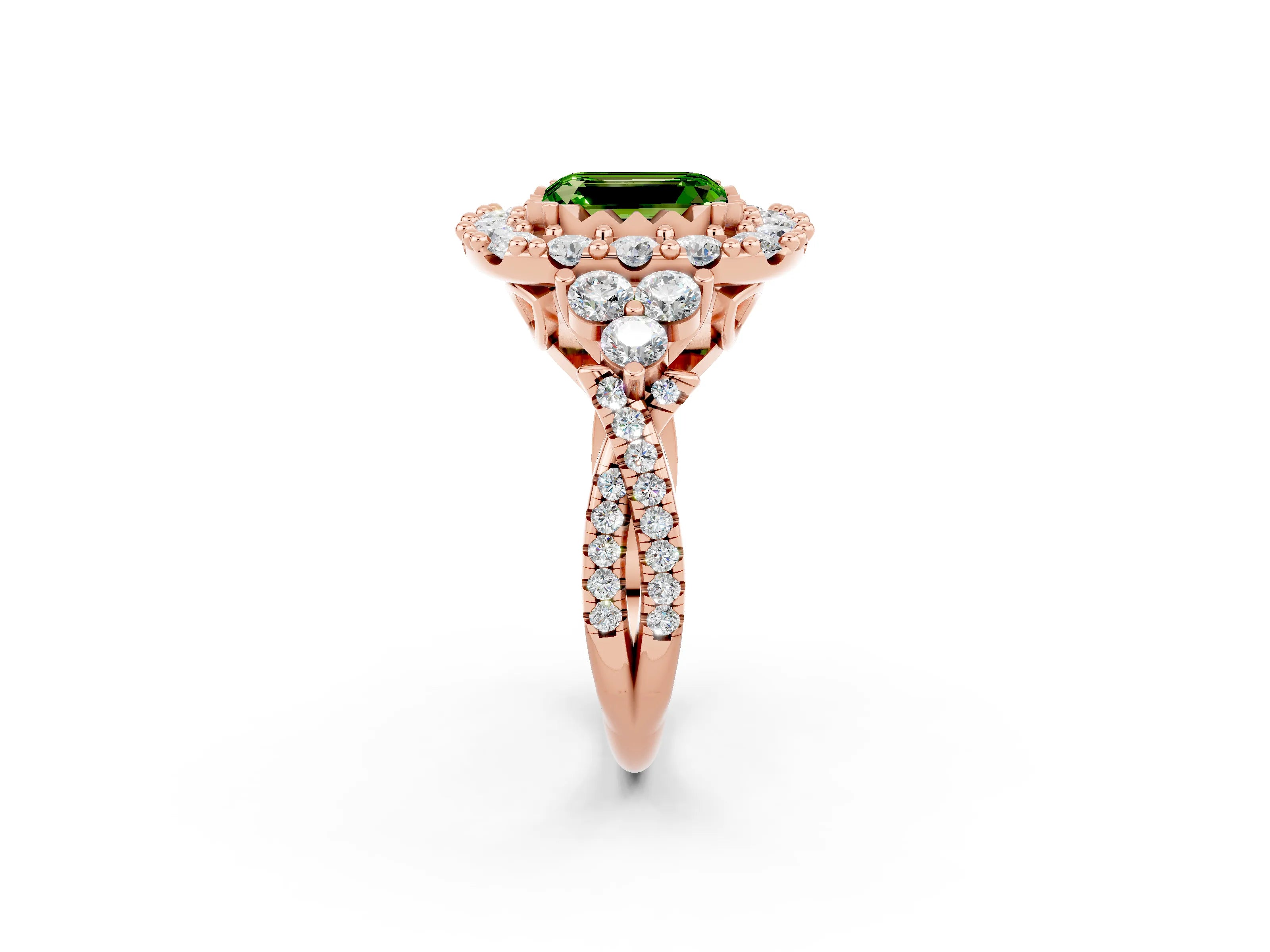 Rose gold Emerald Cut Peridot Halo Ring with Pavé Band and Four-Prong Setting_14