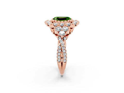 Rose gold Emerald Cut Peridot Halo Ring with Pavé Band and Four-Prong Setting_14