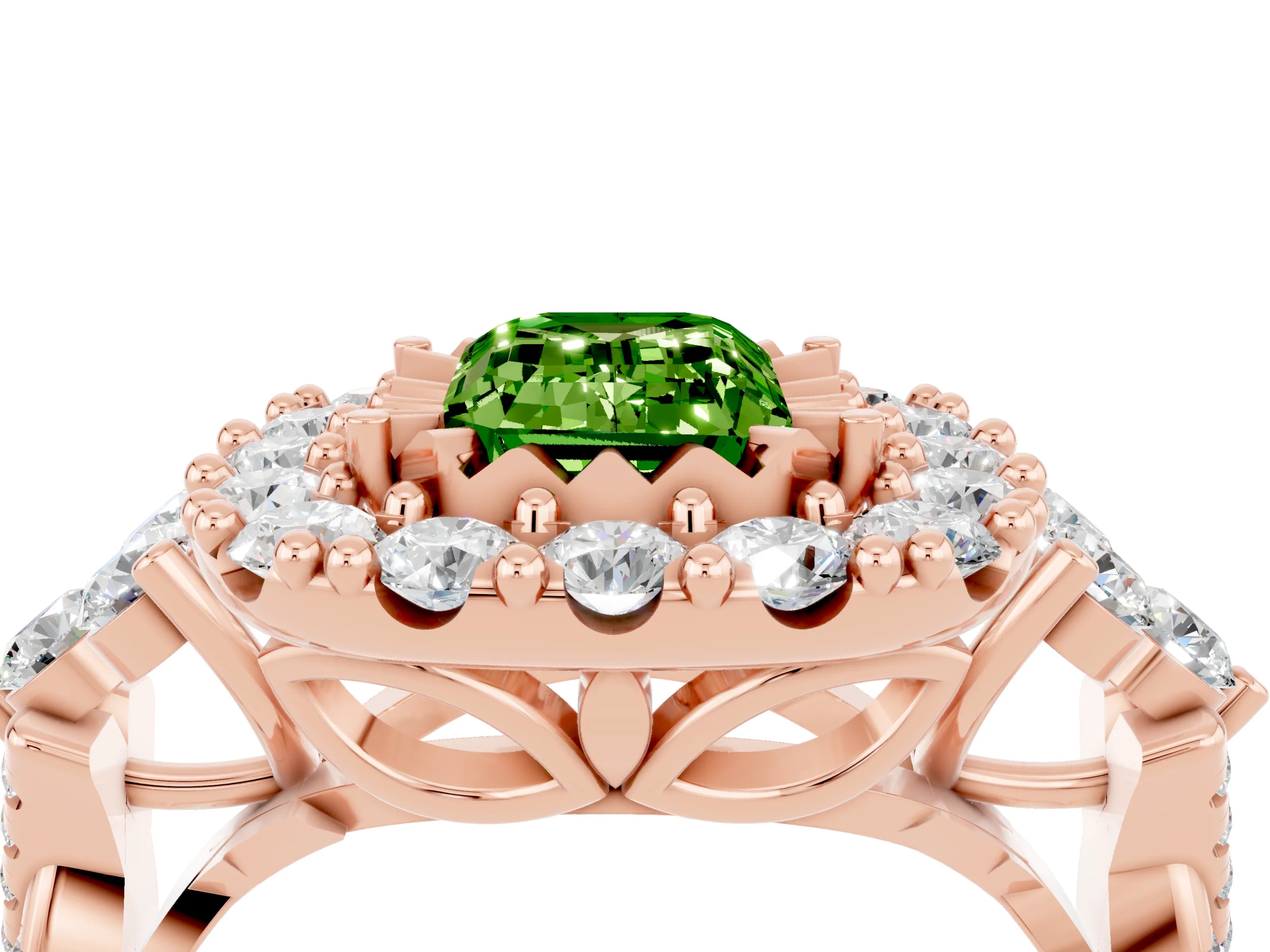 Rose gold Emerald Cut Peridot Halo Ring with Pavé Band and Four-Prong Setting_16