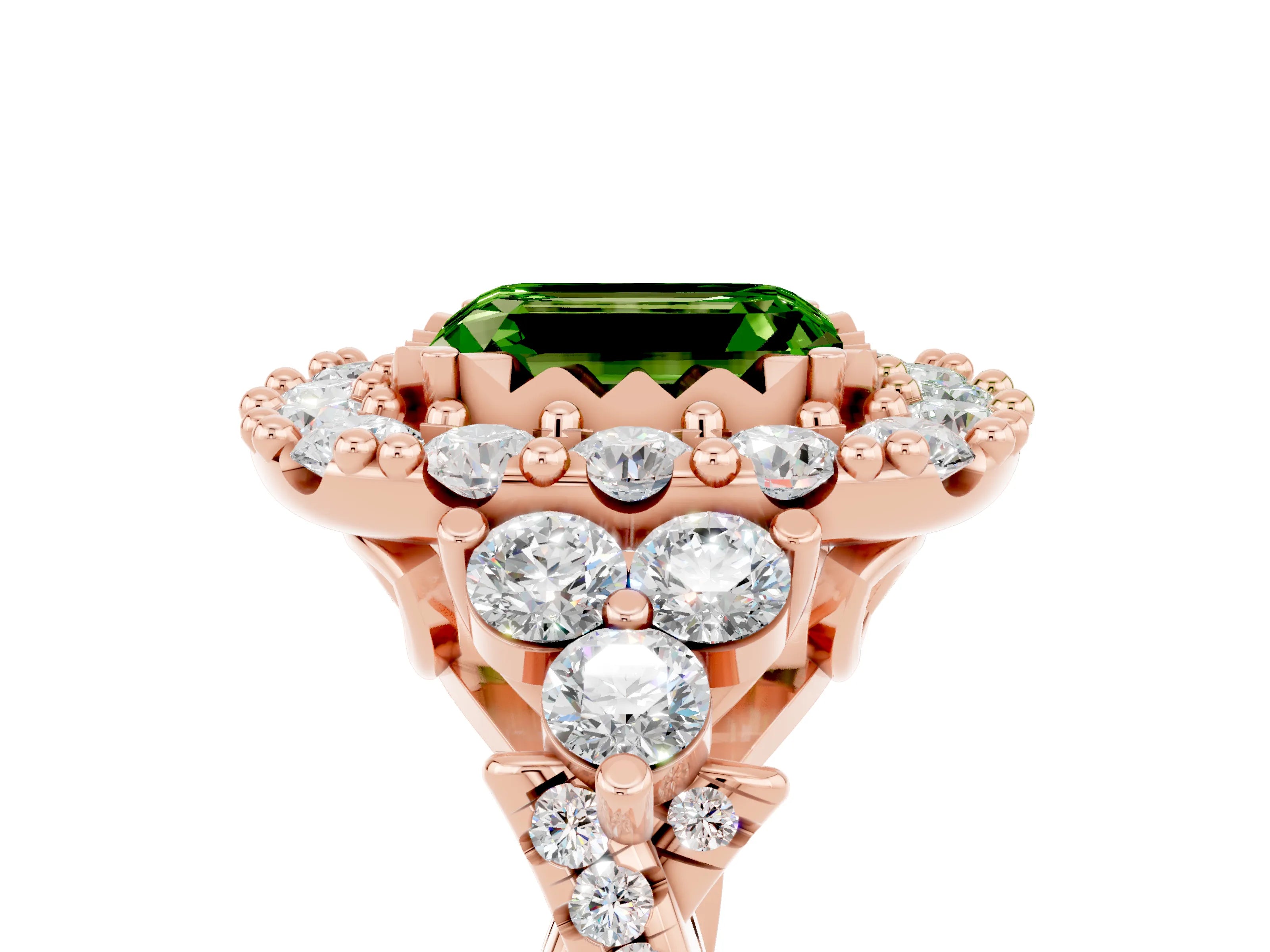 Rose gold Emerald Cut Peridot Halo Ring with Pavé Band and Four-Prong Setting_17