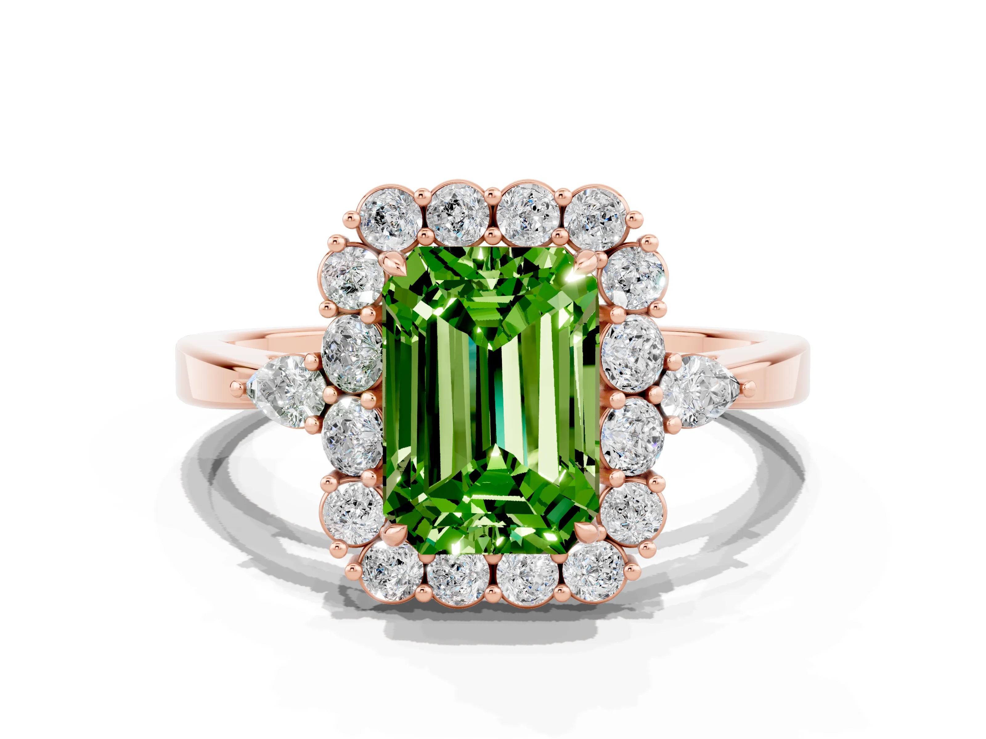 Rose gold Emerald Cut Peridot Halo Ring with Pear Side Stones and Prong Setting_12