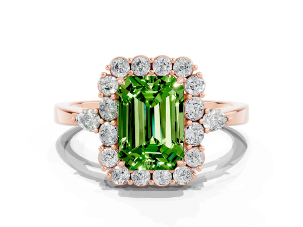 Rose gold Emerald Cut Peridot Halo Ring with Pear Side Stones and Prong Setting