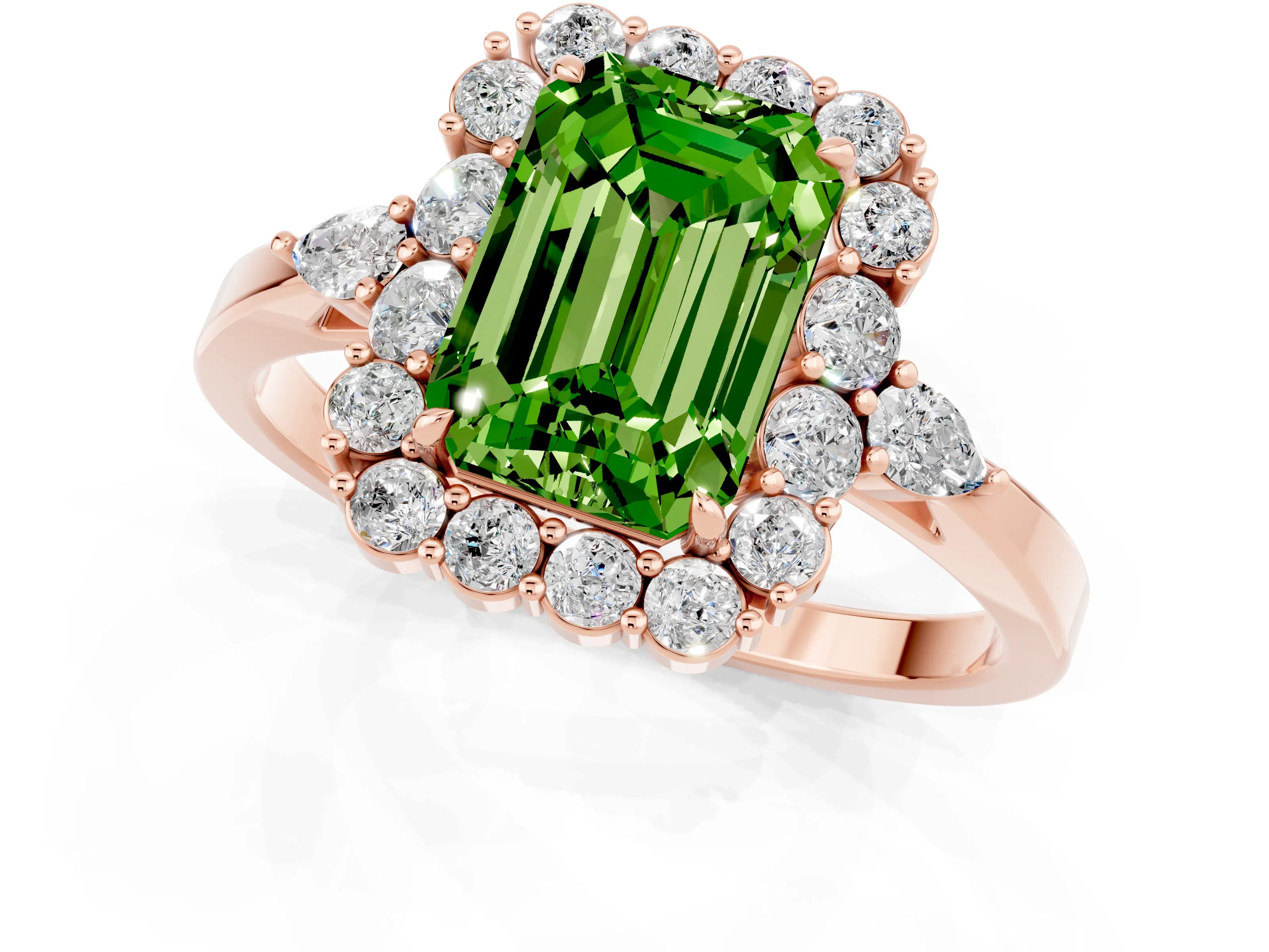 Rose gold Emerald Cut Peridot Halo Ring with Pear Side Stones and Prong Setting_13