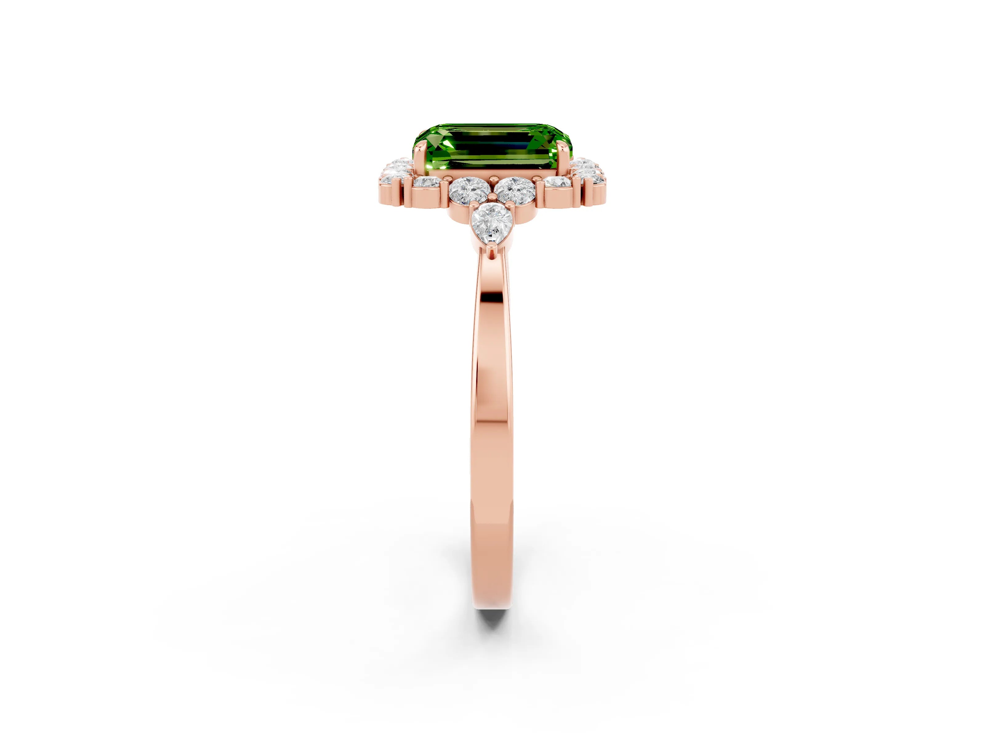 Rose gold Emerald Cut Peridot Halo Ring with Pear Side Stones and Prong Setting_14