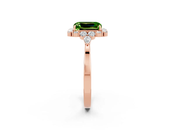 Rose gold Emerald Cut Peridot Halo Ring with Pear Side Stones and Prong Setting