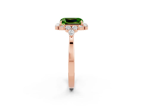 Rose gold Emerald Cut Peridot Halo Ring with Pear Side Stones and Prong Setting_14